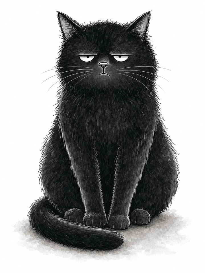 Die Katze aus Katzen-Logik: plüschige schwarze Katze, halb geschlossene Augen, unbeeindruckt